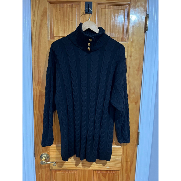 Escada Margaret Ley Black Wool Cable Knit Sweater Gold Heart Buttons Turtleneck - Picture 1 of 9